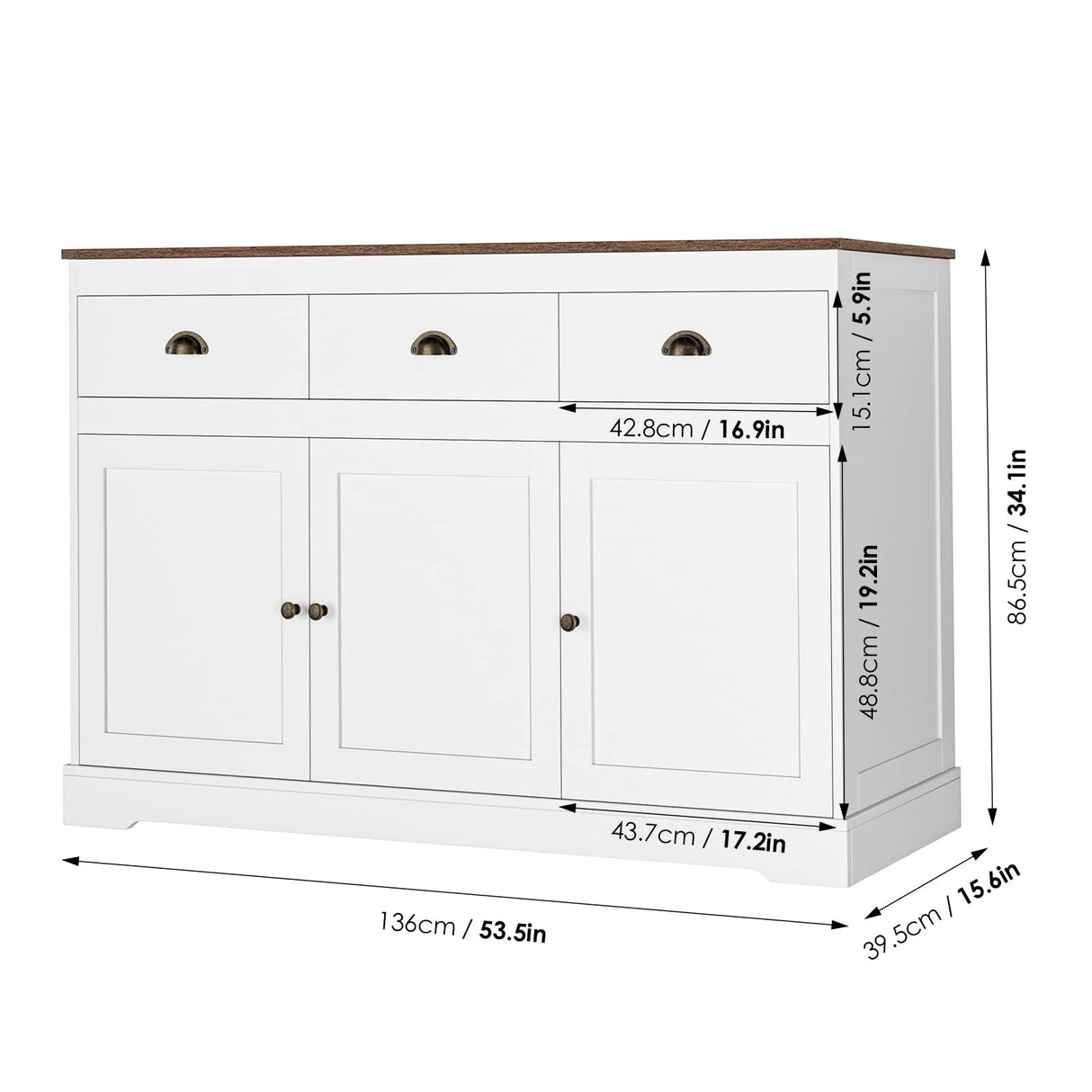 Keyluv White Buffet Cabinet Storage Sideboard Farmhouse Server Bar Wine Cabinet with 3 Drawers & 3 Doors Adjustable Shelves Console Table for Dining Living Room Kitchen Cupboard Keyluv