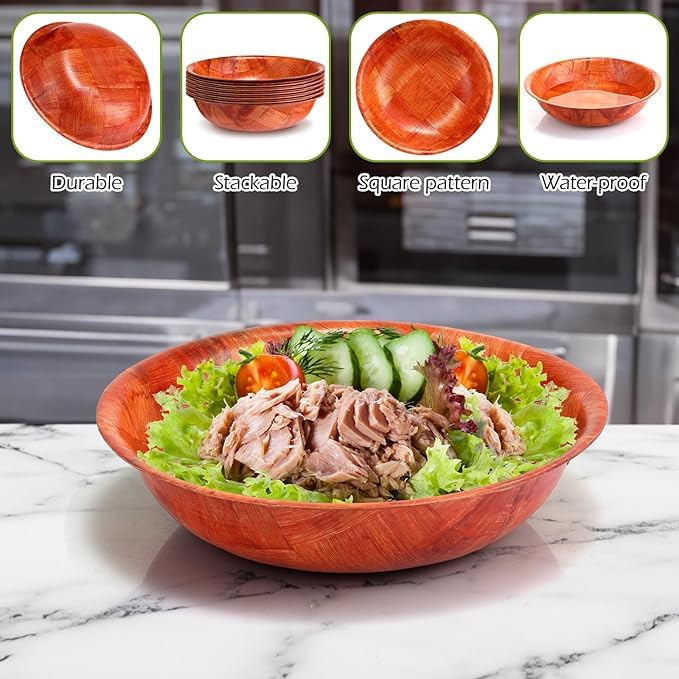 Rich&Richer Wooden Salad Bowl Set 6 Pcs - 8 Inch Salad Bowls Large Serving, Woven Wooden Bowls for Food, Mixing Bowls for Kitchen Set - Wood Salad Bowl Set Serving Bowls Rich&Richer