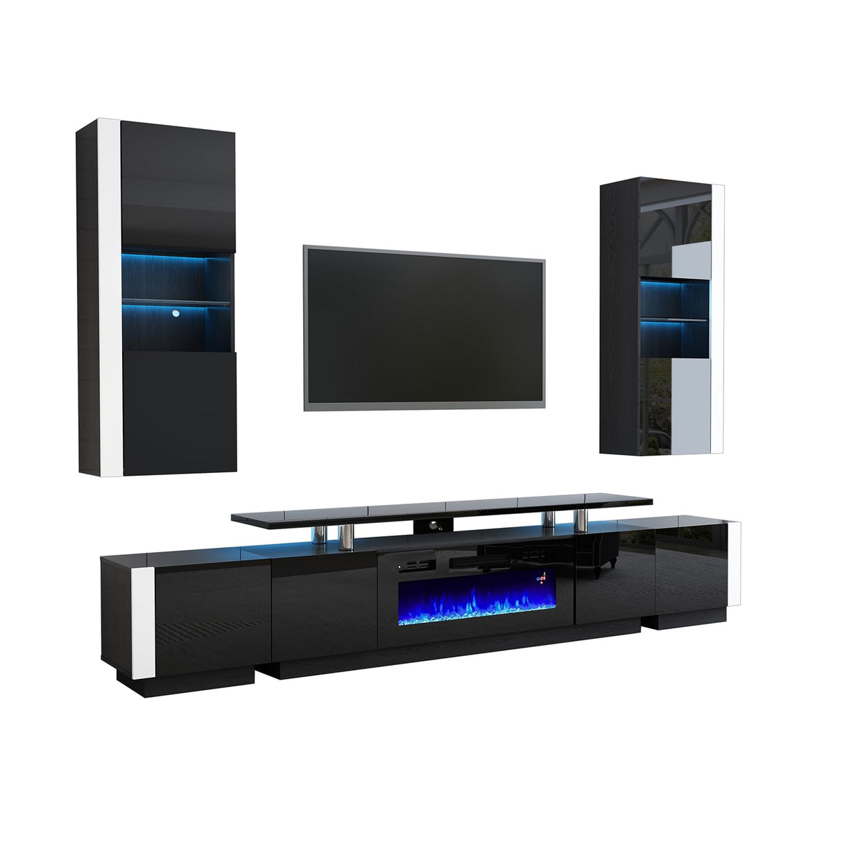 AMERLIFE Wall Unit Entertainment Center with Fireplace and Bookshelves, Includes 70" 2-Tier Fireplace TV Stand, 2 x Wall Cabinets & 2 x End Tables, Modern LED Lights TV Console for Living Room, Black AMERLIFE