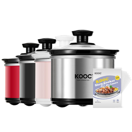 KOOC Small Slow Cooker, 0.65-Quart, Free Liners Included for Easy Clean-up, Upgraded Ceramic Pot, Nutrient Loss Reduction, Stainless Steel, Silver, Round KOOC