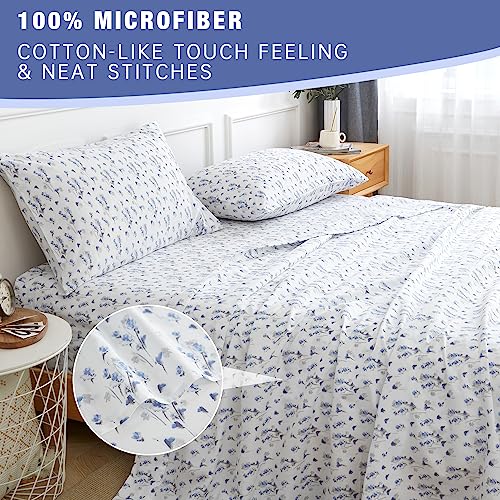 Twin Bed Sheet Set 3PC Printed Light Blue Flower Pattern Cooling 1800 Microfiber with Deep Pocket, Hotel Luxury, Soft, Breathable, Hypoallergenic, Wrinkle Free, Single Bedding for Kids, College Dorm KACEMOO