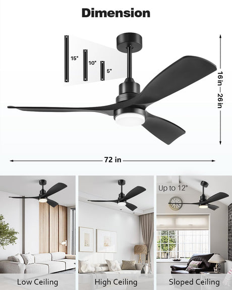 Forrovenco 72 Inch Ceiling Fans with Lights Remote Control, Black Ceiling Fan Light with 3 Downrods, 3 Wood Blades, ETL Listed, Timer, 6 Speed Quiet Reversible DC Motor Outdoor Fans for Patios Bedroom Forrovenco