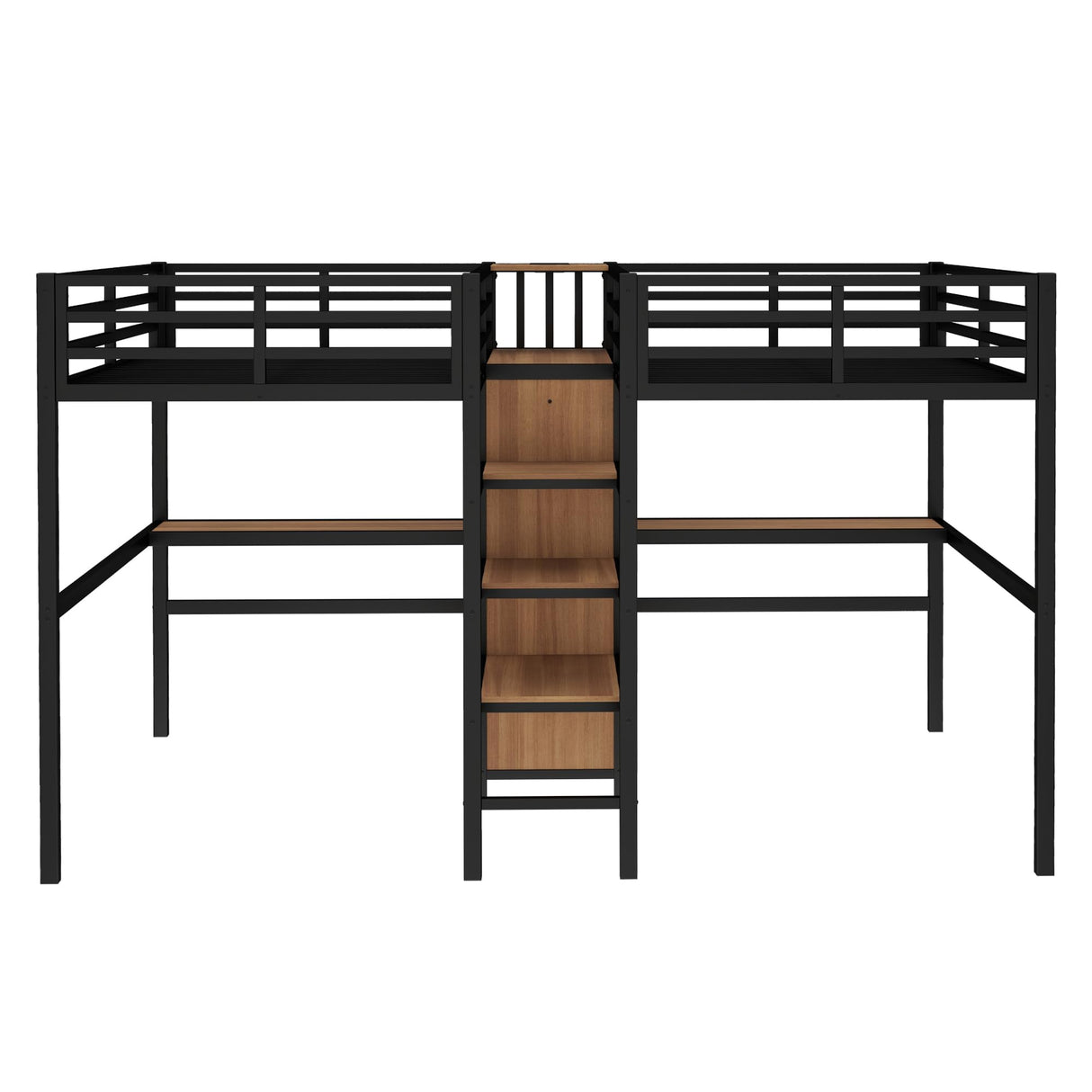 LUMISOL Loft Bed Twin Size with Desk, Metal Double Loft Bed Frame with Charging Station, Wardrobe & Storage Shelves, Noise Reduced, Black+Natural Wood LUMISOL
