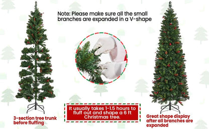 Yaheetech 6ft Pre-lit Pencil Spruce Christmas Tree, Artificial Slim Xmas Fir, Pre-Decorated for Home, Office, Party, Holiday Decor W/ 618 Tips, 200 Lights, Pine Cones, Metal Hinges & Base, Green