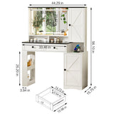 Ieejdn Farmhouse Makeup Vanity Desk with Mirror and Lights,Glass Top Vanity Desk with Power Outlet,Makeup Vanity with 2 Drawers & Storage Shelves,Rustic Vanity,Antique White+Black Ieejdn