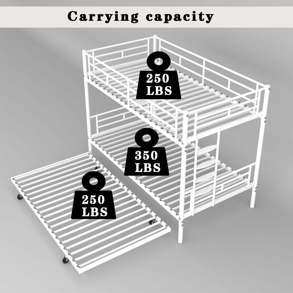 HomJoones Metal Bunk Bed Frame,Twin Over Twin Metal Bunk Bed with Trundle Heavy Duty Twin Size Metal Bunk Beds Frame with 2 Side Ladders Convertible Bunkbed,No Box Spring Needed (White) HomJoones