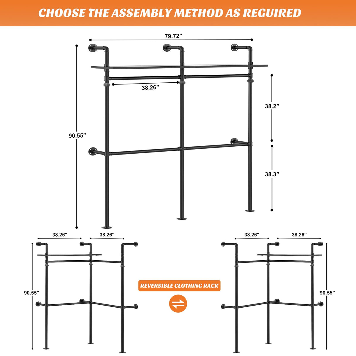 Aheaplus Industrial Pipe Clothing Rack, Reversible 79.7'' Clothes Rack for Hanging Clothes, Heavy Duty Garment Racks Closet Wardrobe with LED Lights& Shelves, Walk-in Closet System, Black Aheaplus
