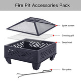 MistMo 26" Steel Square Fire Pit with Grill & Poker, Outdoor Fireplace with Mesh Cover for Patio, Backyard & Garden, Ideal Mistmo