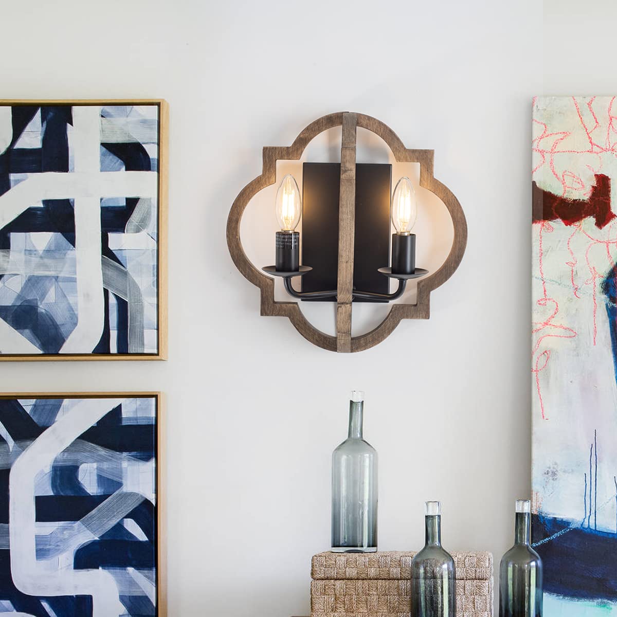 VILUXY Wood Wall sconces Retro Industrial Geometric Lantern Bedside Wall Sconce Lighting Fixture Black Wall Lamp for Bedroom, Hallway, Entryway, Passway, Dining Room 2 Pack VILUXY