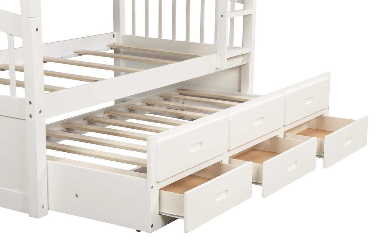 Harper&Bright Designs Twin Over Twin Bunk Bed with Safety Rail, Ladder, White Twin Trundle Bed with 3 Drawers for Kids, Teens Bedroom, Guest Room Furniture Harper & Bright Designs