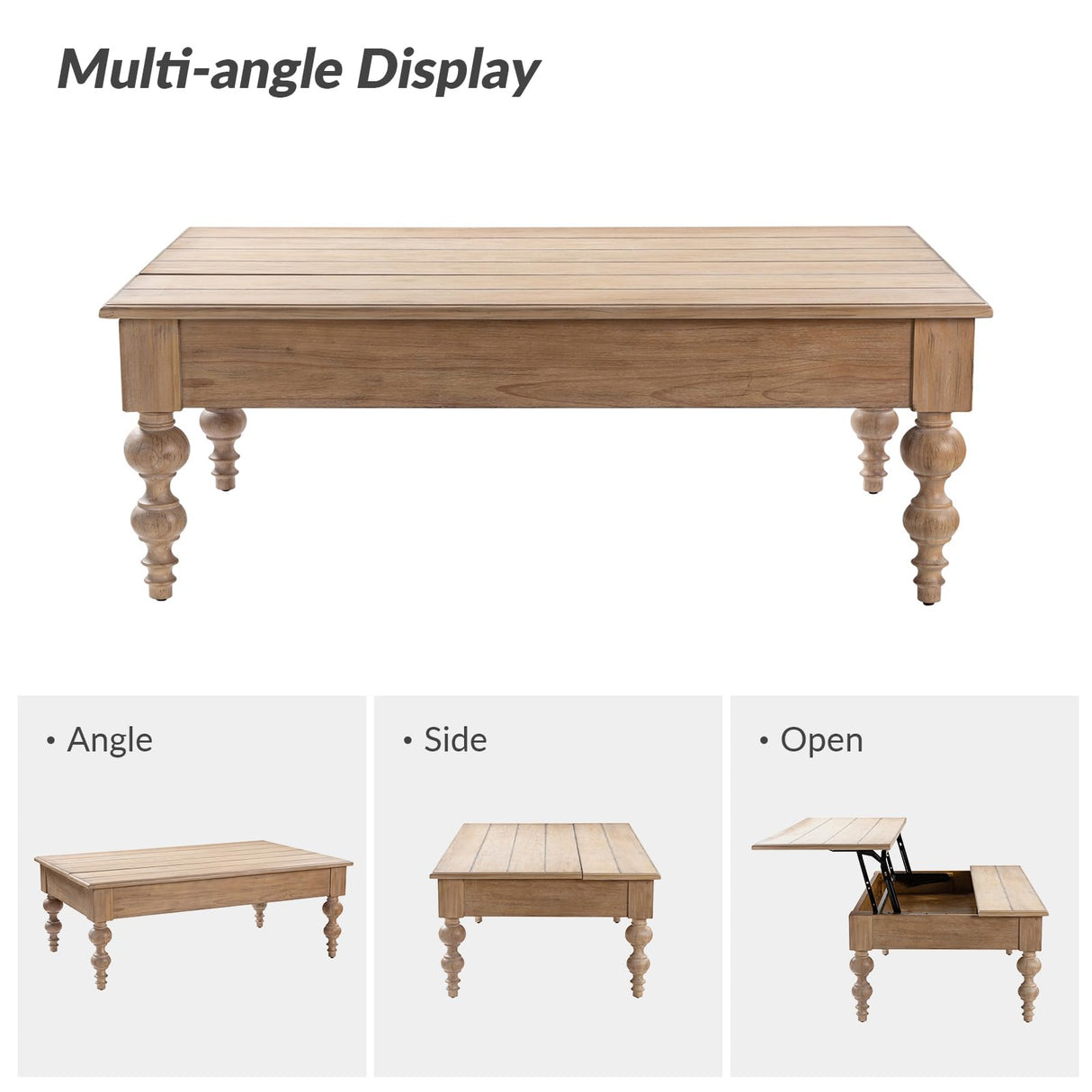 HULALA HOME Coffee Table Lift Top with Storage, Gourd-Shaped Legs, Wood Convertible Table for Living Room, Natural HULALA HOME