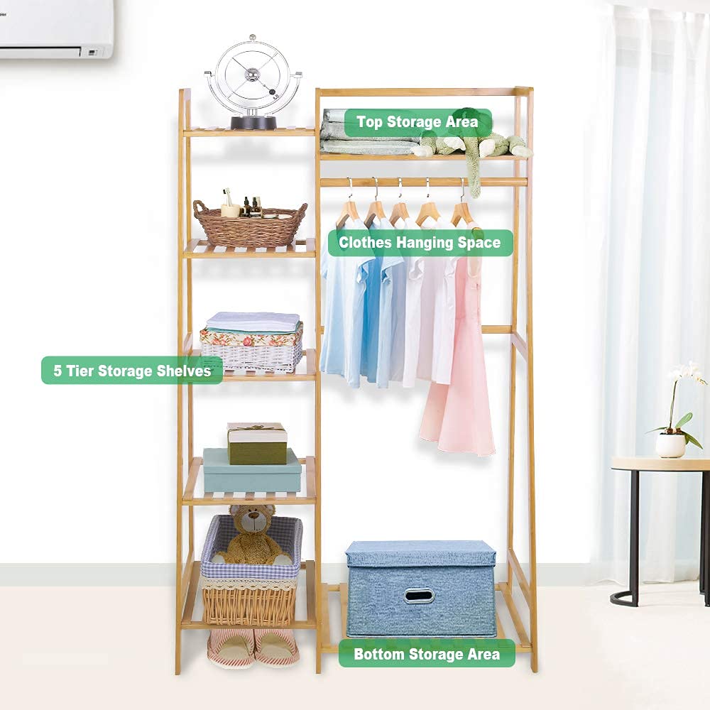 Ufine Bamboo Garment Rack 7-Tier Storage Shelves Clothes Hanging Rack, Heavy Duty Clothing Rack Minimalism Wardrobe Closet Organizer for Indoor Ufine