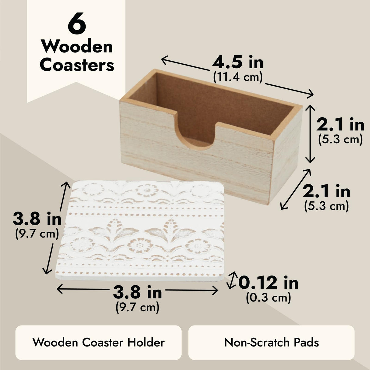 Juvale Set of 6 White Wooden Coasters with Holder for Drinks, Coffee Table, and Floral Farmhouse Decor (3.8 Inches) Juvale