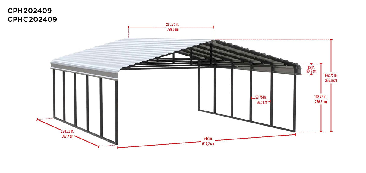 Arrow Carports Galvanized Steel Carport, Double Car Metal Carport Kit, 20' x 24' x 9', Charcoal Arrow Shed