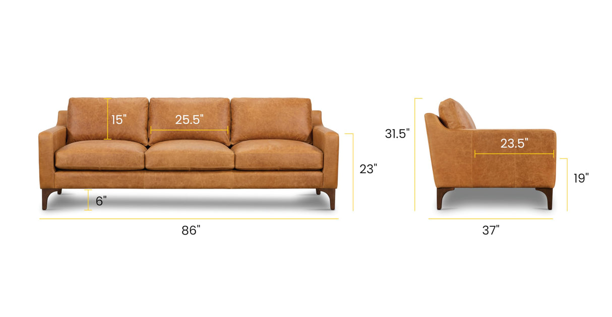 POLY & BARK Sorrento Leather Couch – 86-Inch Leather Sofa with Tufted Back - Full Grain Leather Couch with Feather-Down Topper On Seating Surfaces – Pure-Aniline Italian Leather – Cognac Tan POLY & BARK