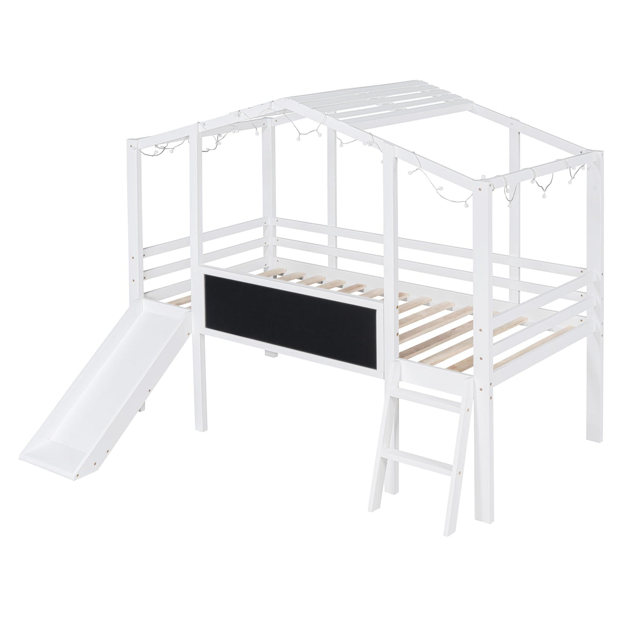 Harper & Bright Designs Kids House Loft Bed with Slide, Twin Size Low Loft Bed with LED Lights & Blackboard, Wood Playhouse Loft Bed with Ladder and Slats Support, for Kids Boys Girls, White Harper & Bright Designs