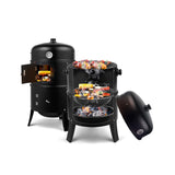 3-in-1 Vertical Charcoal Smoker, 16in BBQ Smoker Grill with Built-in Thermometer, Air Vent, and 2 Access Doors of black iron, Idea for Parties, Backyard, Barbecues ONUUNPY