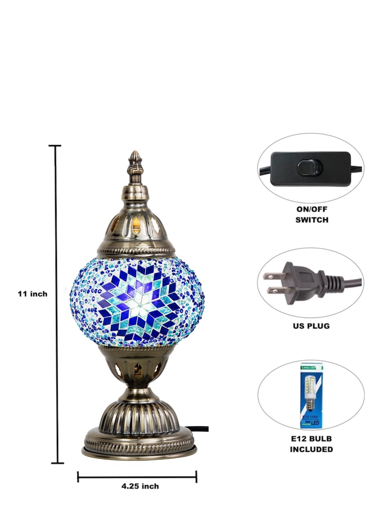 KRAFTSTORIES Turkish Mosaic Lamp Kit DIY Glass Decorative Table Bedside Night Light Tabletop for Living Room Bedroom | Make Your Own Lamp | Antique Bronze Base (Blue) KRAFTSTORIES