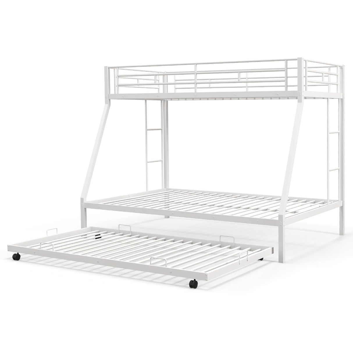 KOMFOTT Twin Over Full Bunk Bed with Trundle, Heavy-Duty Metal Bunk Bed Frame with Guardrail & 2 Ladders, Space-Saving Bunk Bed for Kids/Teens/Adults, No Box Spring Needed KOMFOTT
