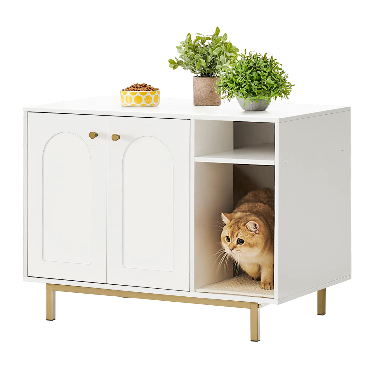 Hzuaneri Cat Litter Box Enclosure, Hidden Litter Box Furniture, Wooden Pet House Side End Table, Storage Cabinet Bench for Living Room, Bedroom, 31.5 x 19.7 x 23.9 inches, White and Gold 01503GCLB Hzuaneri
