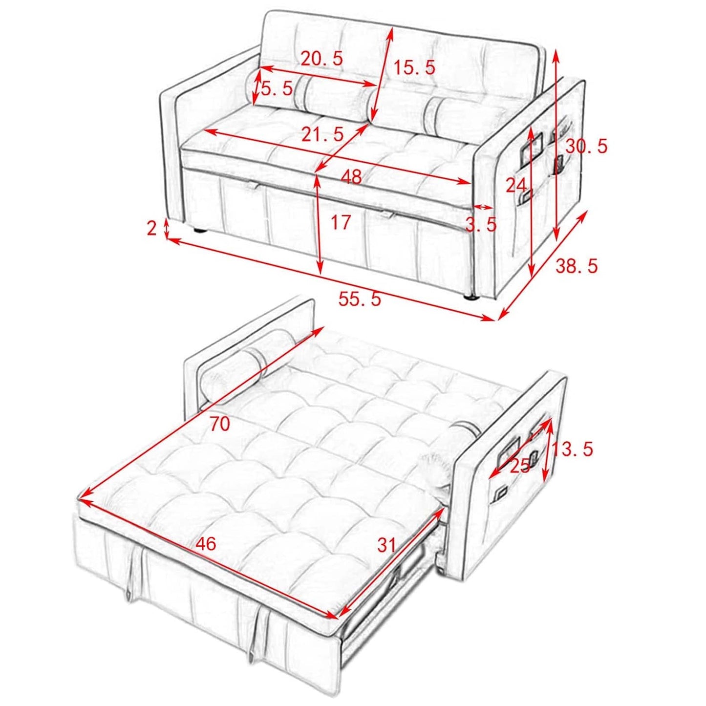 3 in 1 Sleeper Sofa Couch Bed, Small Tufted Velvet Convertible Loveseat Futon Sofa w/Pullout Bed, Adjustable Backrest, Cylinder Pillows for Living Room Apartment, Easy to Assemble, Grey, 55.5"