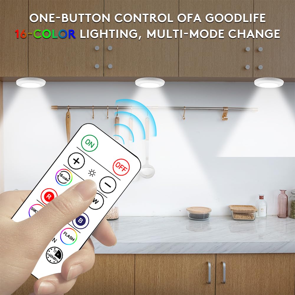 SIXDEFLY Wireless 16 Color Changing LED Puck Light 12 Pack LED Under Cabinet Lighting Closet Light Battery Powered Night Lights with Remote Control Dimmer & Timing Function SIXDEFLY