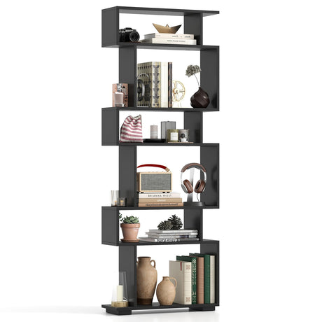 Tangkula 6-Tier S-Shaped Bookshelf, 64" Freestanding Geometric Bookcase, Home Office Wood Storage Shelf with Anti-Toppling Device, Room Divider Display Rack for Study, Living Room (1, Black) Tangkula