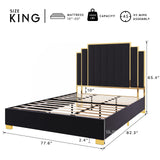 HOWE King Size Bed Frame and 65" Headboard, Upholstered Bed with Golden Plating Trim, Modern Platform Bed No Box Spring Needed, Black HOWE