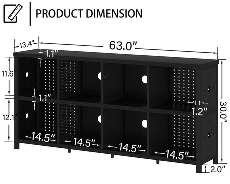 LVB Black Horizontal Bookshelf, Modern Cube Storage Organizer Bookcase, Industrial Wide Long Wood Metal Book Shelf, Farmhouse Low Large Cube Shelf for Office Home Bedroom Living Room, Black Oak, 63 In LVB