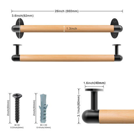 SELEWARE 26 Inch Wood Handrail Indoor Stairs Handrail Wall Mount Handrail w/Sturdy Metal Barckets, Barrier-Free Staircase Grab Bar for Elderly, 1.3 Inch Round SELEWARE