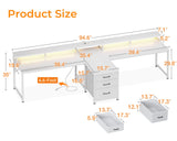 Coleshome 94" Computer Desk with Fabric Drawers & File Cabinet- 2 Person Home Office Desks with Power Outlet & LED Light, Long Writing Desk with Monitor Stand, Storage Shelves, Study/Work Table, White Coleshome
