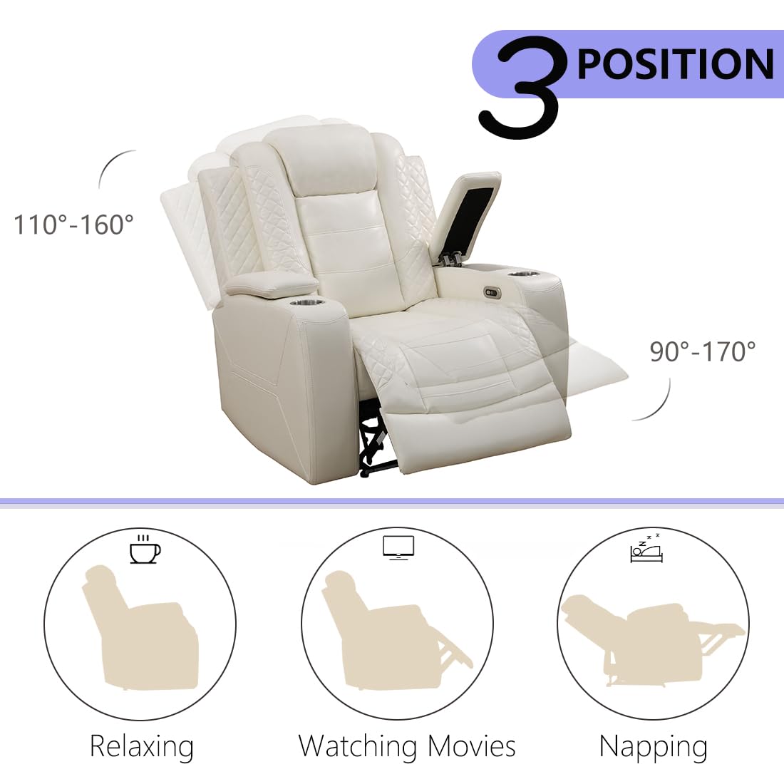 Anthato Power Recliner Sofa Set, Living Room Furniture Sets, Cream White Leather Reclining Sofa Set, Recliner Couch Loveseat and Chair with Storage/Cup Holders/Charging Port for Home Theater/Office Anthato