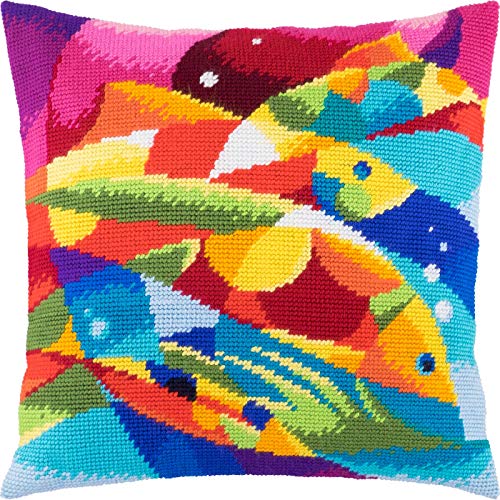 Brvsk Colorful Embroidery Kit for Adults and Beginners — Abstract Fish 16″ × 16″ with Clear, Precise Printed Design on Cotton Canvas; Includes 2 Needles, Yarn, and Easy-Read Chart