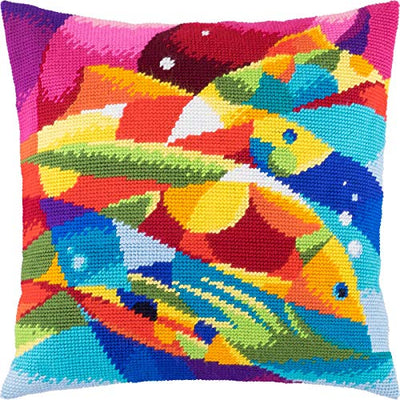Brvsk Colorful Embroidery Kit for Adults and Beginners — Abstract Fish 16″ × 16″ with Clear, Precise Printed Design on Cotton Canvas; Includes 2 Needles, Yarn, and Easy-Read Chart