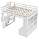 Full Size Loft Bed with Stairs and Desk, Wood Loft Beds Frame with Storage Drawers and Bookcase Shelves for Adults Teens Kids, White Bellemave