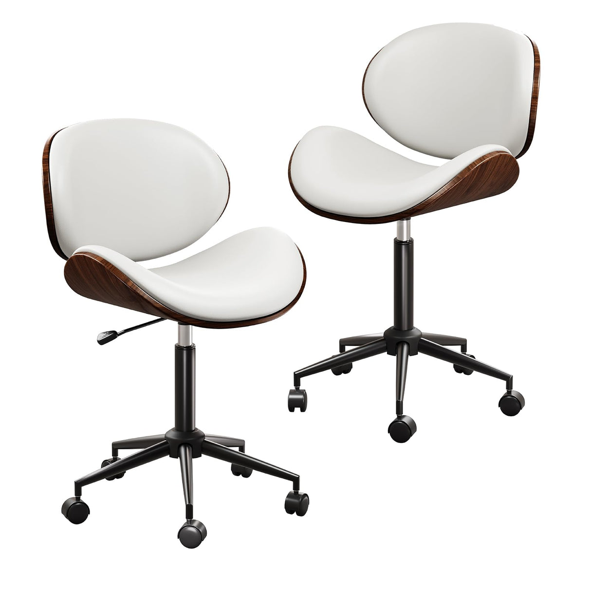 LUXOAK Ergonomic Home Office Desk Chair Set of 2, Mid-Century Modern Armless Chair with PU Leather/360°Swivel Wheels/Seat Height Adjustable for Office, Study, White LUXOAK