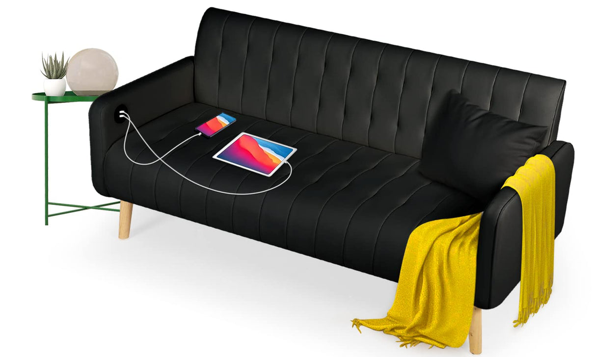 TYBOATLE Mid-Century Modern Striped PU Leather Loveseat Sofa w/ 2 USB Charging Ports, Love Seats Couches w/Pillow for Small Space, Living Room, Office, Apartment, Dorm, Office, 57“ W(White) (Black) TYBOATLE