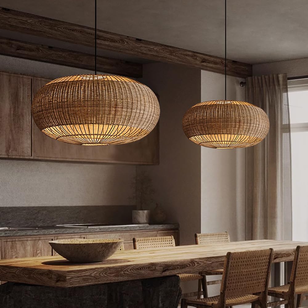 Rattan Handwoven Pendant Lights Adjustable Bamboo Wicker Hanging Lamp, Pendantt Light Fixture With Drum Basket Shade 1 Light Woven Pendant Light For Dining Room Living Room (Not Bulb Included) YUJIDAO