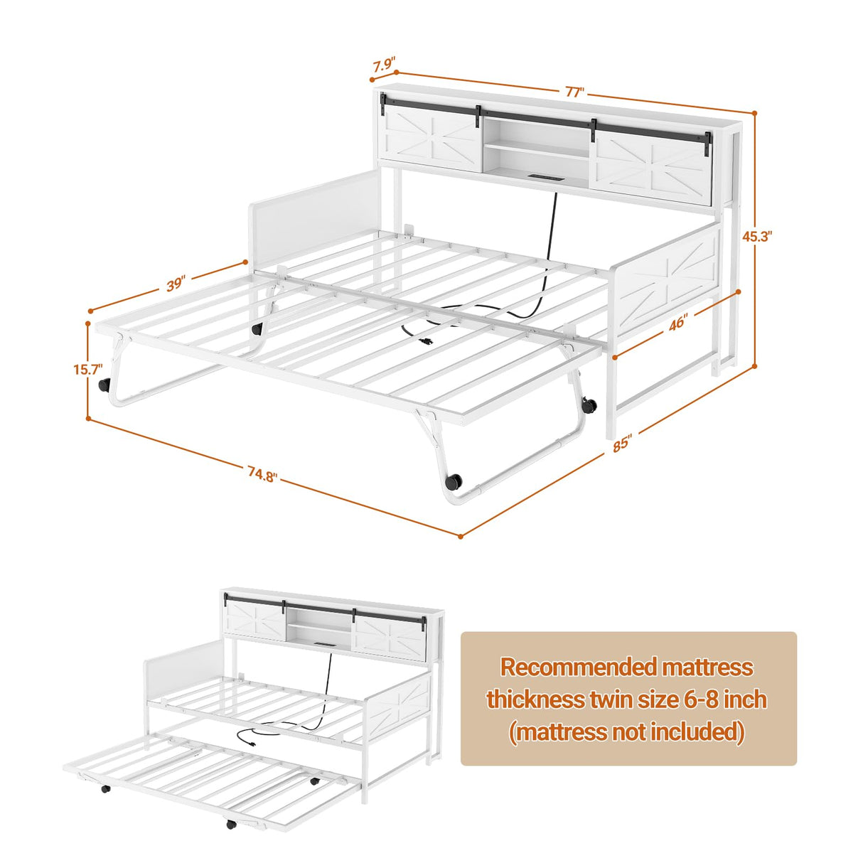 Homieasy Daybed with Trundle, Farmhouse Twin Day Bed with Bookcase Headboard and Charging Station, Heavy Duty Metal Sofa Bed Frame with Pop-up Trundle Bed for Living Room, Bedroom, White Homieasy