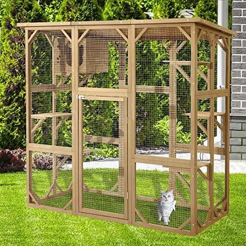 MAGIC UNION Large Fir Wooden Outdoor Indoor Catio Cat Enclosure with Weather Protection Roof with Cattery and 5 Platforms - WoodArtSupply