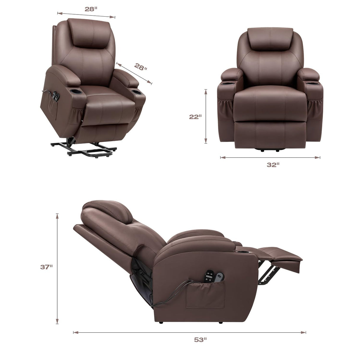 VICTONE Electric Power Lift Recliner Chair for Elderly Reclining Sofa for Living Room with Massage, Side Pockets and Cup Holders (Leather, Brown) VICTONE