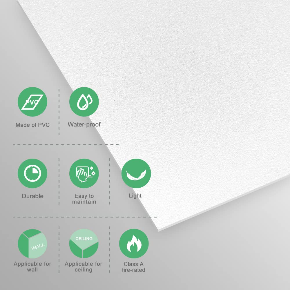 Smooth White Drop Ceiling Tile 2ft x 4ft, Ceiling Panel 24 x 48in – Waterproof, Washable and Fire-Rated - to Prevent Breakage-Cover 80 Sq. Ft-Package of 10 Tiles Gigrwiin