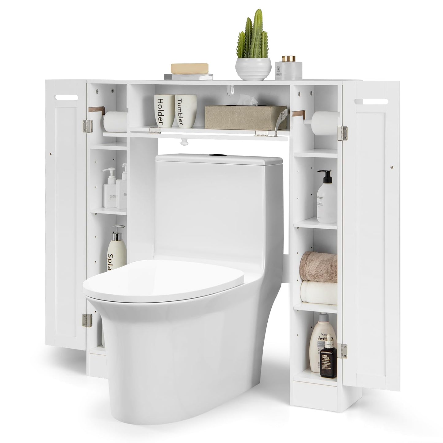 Tangkula Over The Toilet Storage Cabinet, Bathroom Space Saver w/Adjustable Shelves & Paper Holder, Freestanding above Toilet Organizer w/ 2 Side & Pull-Down Door for Bathroom Storage (White) - WoodArtSupply