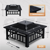 Greesum Multifunctional Patio Fire Pit Table, 32in Square Metal BBQ Firepit Stove Backyard Garden Fireplace with Spark Screen Lid and Rain Cover for Camping, Outdoor Heating, Bonfire and Picnic, Black Greesum