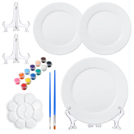 Affrolling Paint Your Own Porcelain Plates Ceramic Painting Kit Included 2 Pcs Porcelain Plates 2 Brushes 12 Paints 2 Stands Paint and 1 Pcs Color Palette, Pottery Kit for Adults(Round) Affrolling