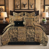 Loom and Mill 8-Piece Safari Comforter Set King Size, Leopard, Tiger, Giraffe, Zebra Animal Print Bedding Set, Patchwork Comforter with Bed Skirt, Euro Shams and Decorative Pillow(Black Gold, King) Loom and Mill