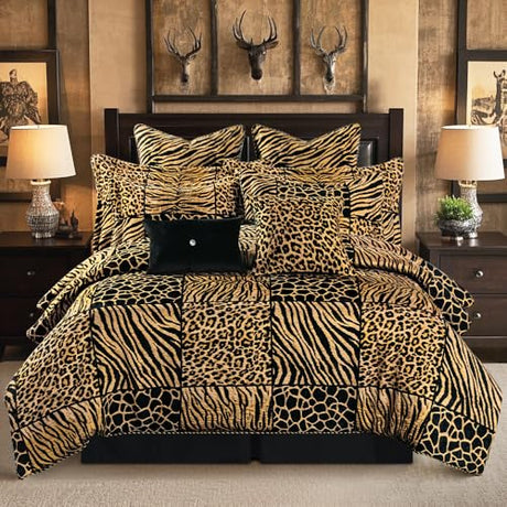 Loom and Mill 8-Piece Safari Comforter Set King Size, Leopard, Tiger, Giraffe, Zebra Animal Print Bedding Set, Patchwork Comforter with Bed Skirt, Euro Shams and Decorative Pillow(Black Gold, King) Loom and Mill