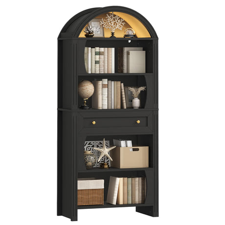 STHYTON 70.3" Tall Arched Bookshelf, 6-Tier Book Shelf with LED Lights, Farmhouse Arched Bookcase with Open Shelves and Drawer, Freestanding Display Rack, for Living Room, Study, Home Office, Black STHYTON