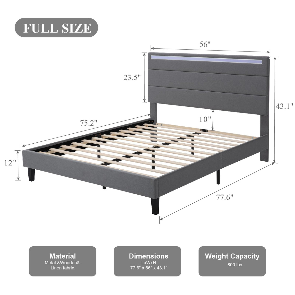 Forrise Full Size Upholstered Bed Frame with LED Lights and USB Ports - Modern Noise-Free Design in Grey Forrise