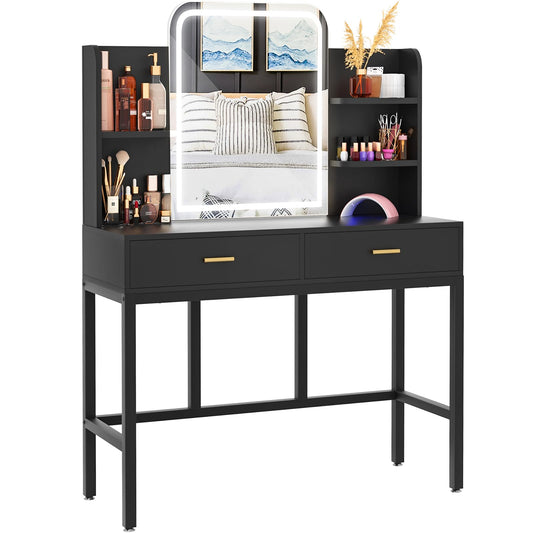 armocity Vanity Desk with Mirror and Lights, Makeup Vanity with 2 Storage Drawers, Vanity Table Set with 3 Color Lighting Options, Modern Dressing Table with Storage Shelf for Bedroom, Black